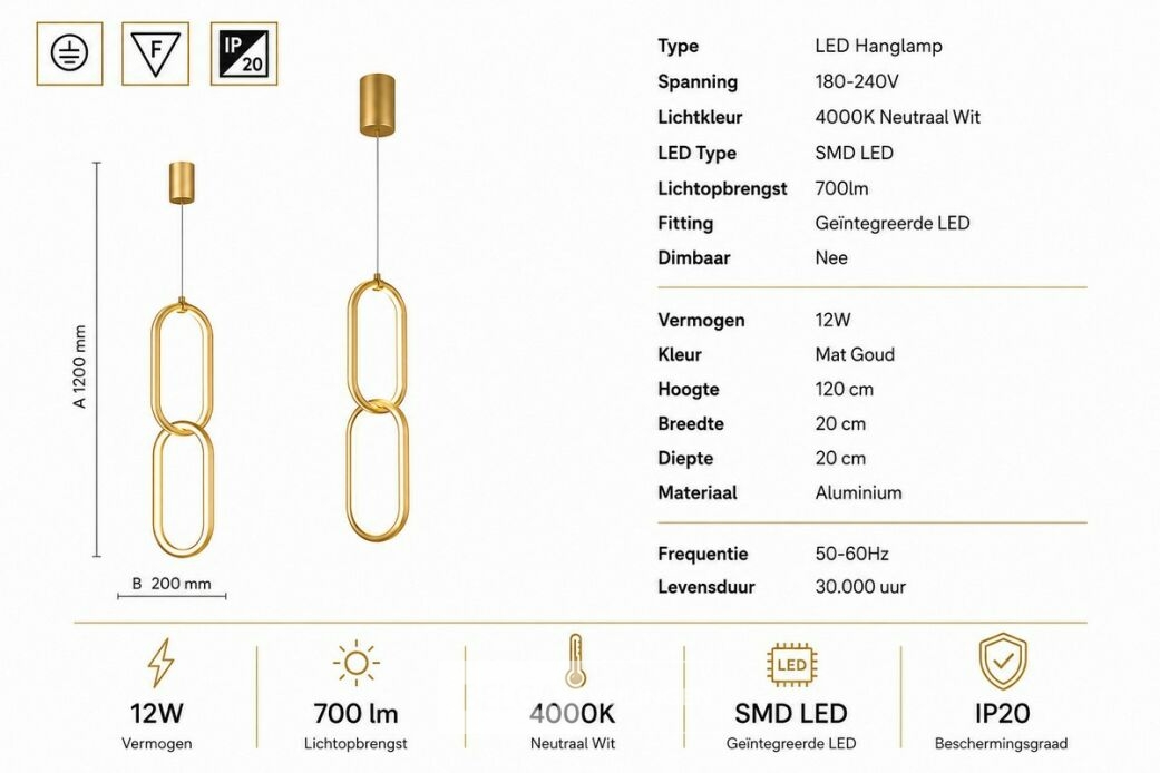 LED Hanglamp 12W – 4000K Neutraal Wit - Goud – IP20 – SANTANA – foto 5 – kavel bij Belga Veilingen