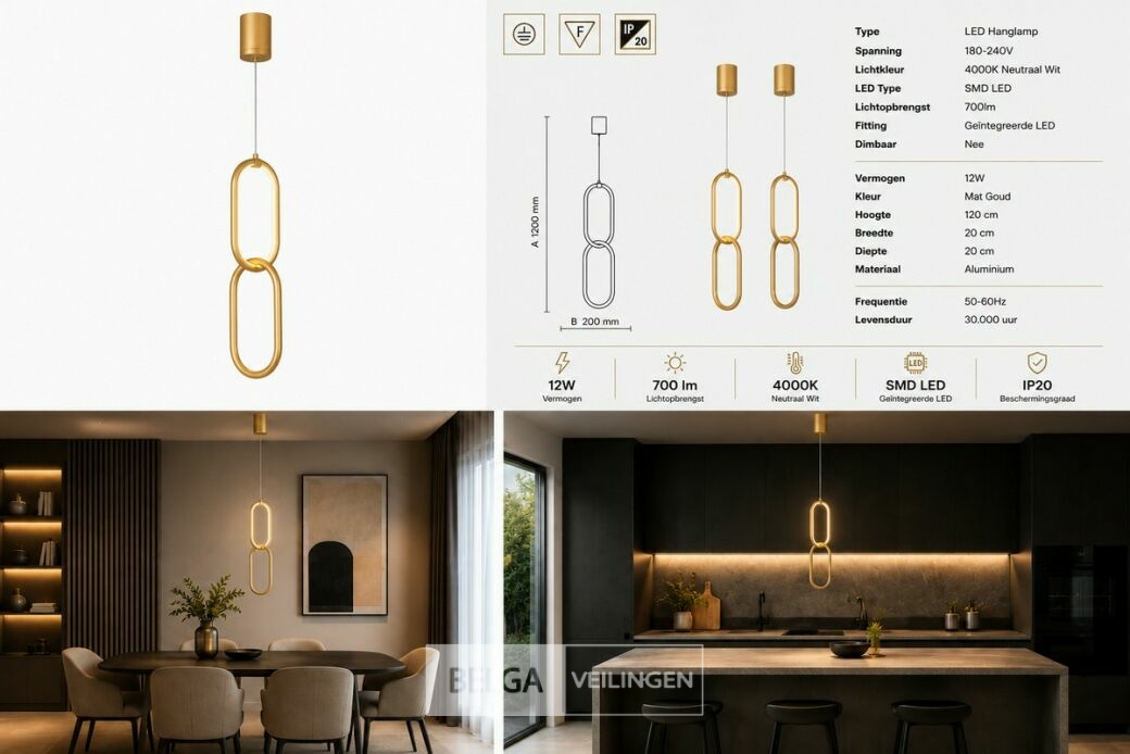 LED Hanglamp 12W – 4000K Neutraal Wit - Goud – IP20 – SANTANA – foto 6 – kavel bij Belga Veilingen