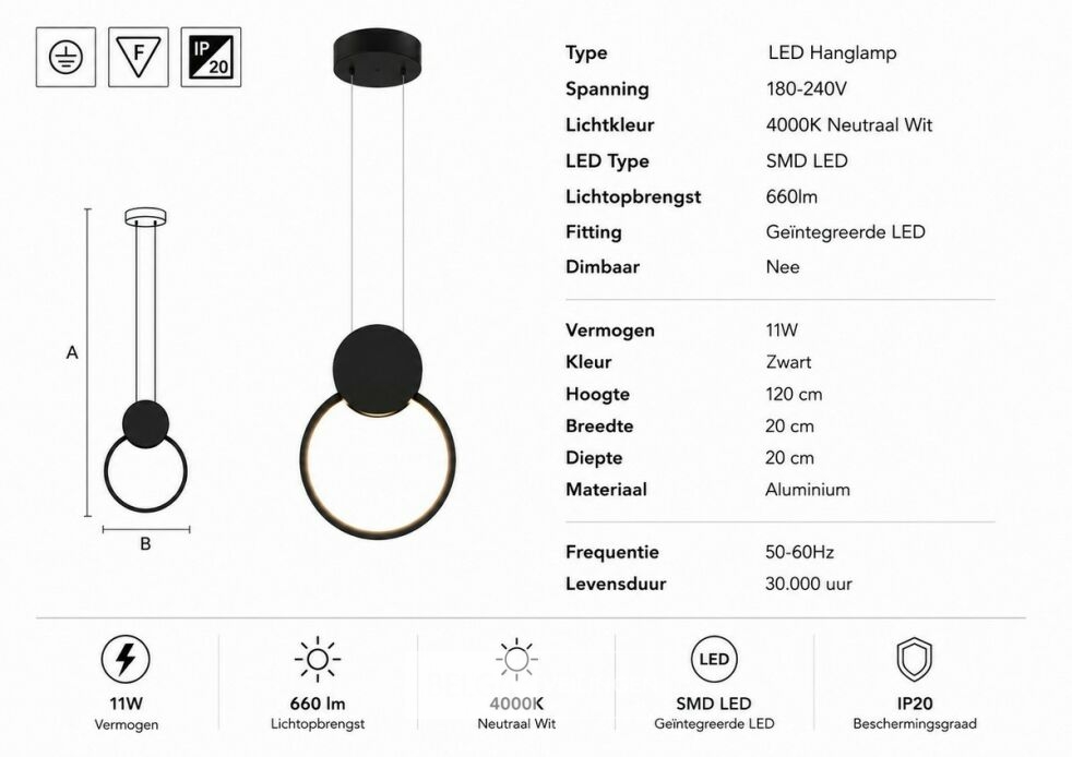 LED Hanglamp 11W – 4000K Neutraal Wit - Zwart – IP20 – FOREVER – foto 5 – kavel bij Belga Veilingen