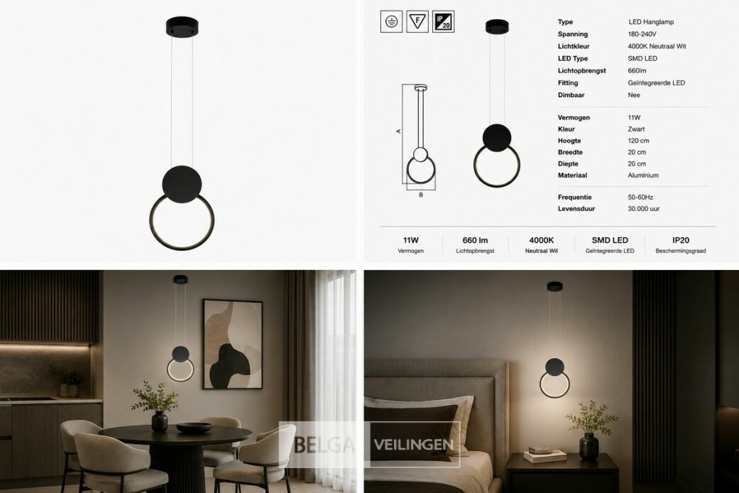 LED Hanglamp 11W – 4000K Neutraal Wit - Zwart – IP20 – FOREVER – foto 6 – kavel bij Belga Veilingen