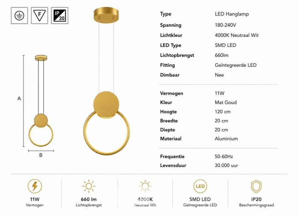 LED Hanglamp 11W – 4000K Neutraal Wit - Goud – IP20 – FOREVER – foto 6 – kavel bij Belga Veilingen