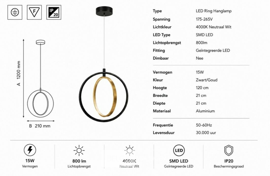 LED Ring Hanglamp 15W – 4000K Neutraal Wit - Zwart/Goud – IP20 – DAXTON-15 – foto 5 – kavel bij Belga Veilingen