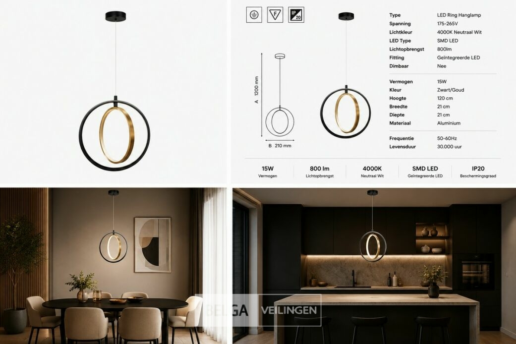 LED Ring Hanglamp 15W – 4000K Neutraal Wit - Zwart/Goud – IP20 – DAXTON-15 – foto 6 – kavel bij Belga Veilingen
