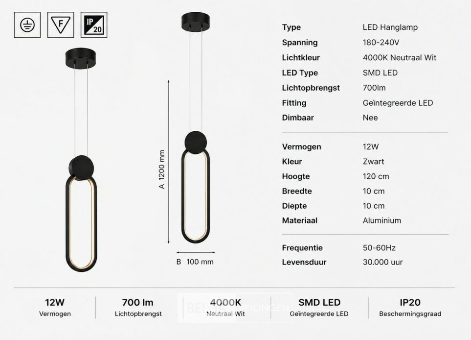 LED Hanglamp 12W – 4000K Neutraal Wit - Zwart – IP20 – ALWAYS – foto 5 – kavel bij Belga Veilingen