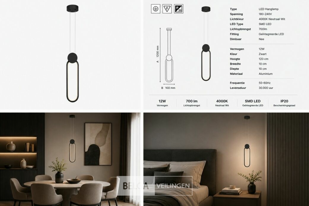 LED Hanglamp 12W – 4000K Neutraal Wit - Zwart – IP20 – ALWAYS – foto 6 – kavel bij Belga Veilingen