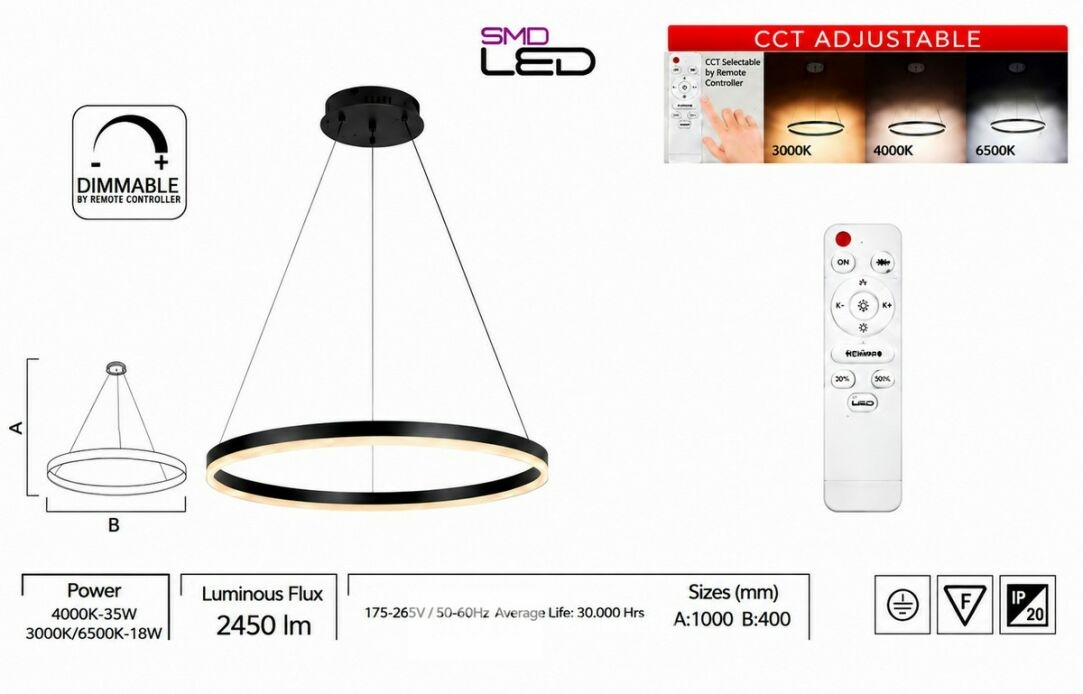 LED Ring Hanglamp 35W – 3CCT Dimbaar - Zwart – IP20 – HARVEY-35 3CCT – foto 5 – kavel bij Belga Veilingen