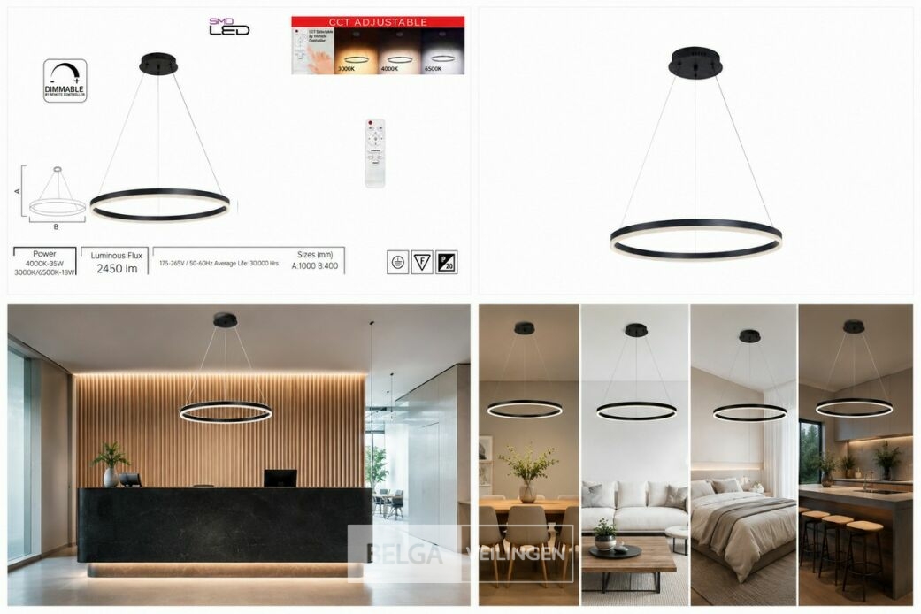LED Ring Hanglamp 35W – 3CCT Dimbaar - Zwart – IP20 – HARVEY-35 3CCT – foto 6 – kavel bij Belga Veilingen