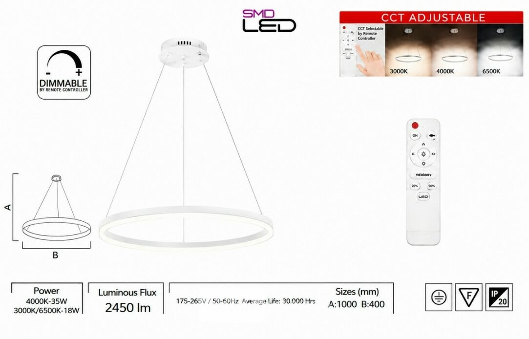 LED Ring Hanglamp 35W – 3CCT Dimbaar - Wit – IP20 – HARVEY-35 3CCT – foto 5 – kavel bij Belga Veilingen