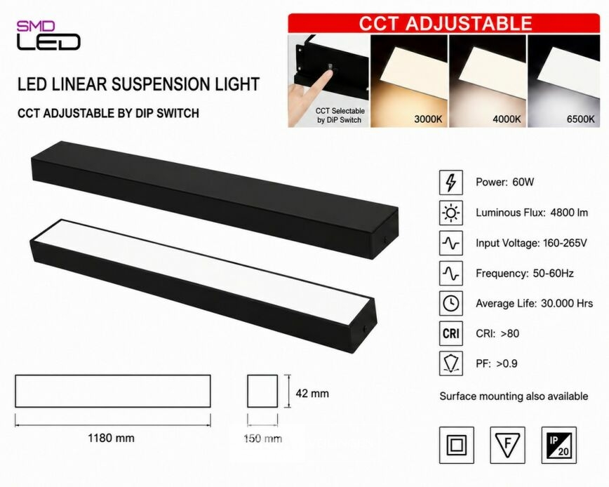 4 x LED Lineaire Hanglamp 60W – 3CCT Instelbaar - Zwart – FORTIS-60 3CCT – foto 5 – kavel bij Belga Veilingen