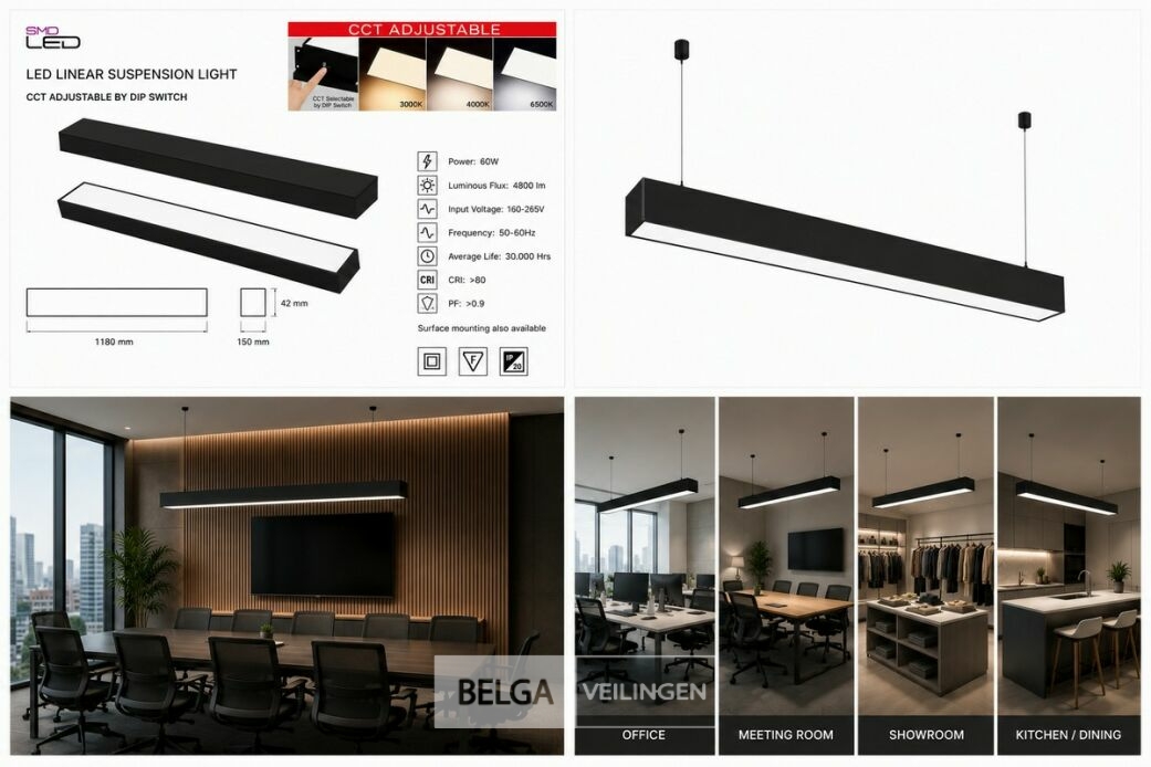 4 x LED Lineaire Hanglamp 60W – 3CCT Instelbaar - Zwart – FORTIS-60 3CCT – foto 6 – kavel bij Belga Veilingen