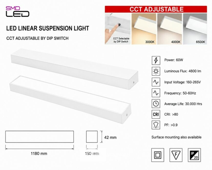 4 x LED Lineaire Hanglamp 60W – 3CCT Instelbaar - Wit – FORTIS-60 3CCT – foto 5 – kavel bij Belga Veilingen