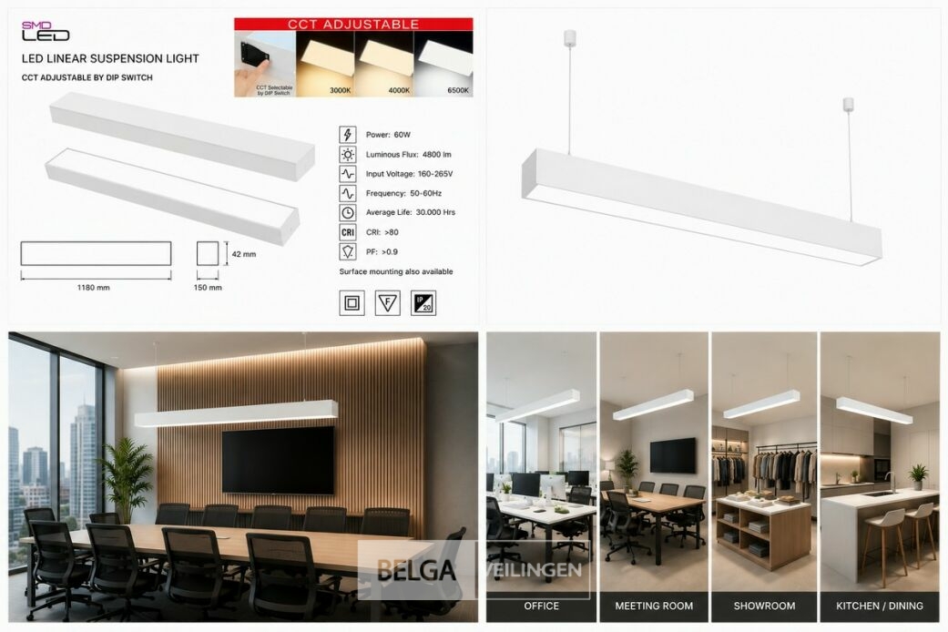 4 x LED Lineaire Hanglamp 60W – 3CCT Instelbaar - Wit – FORTIS-60 3CCT – foto 6 – kavel bij Belga Veilingen