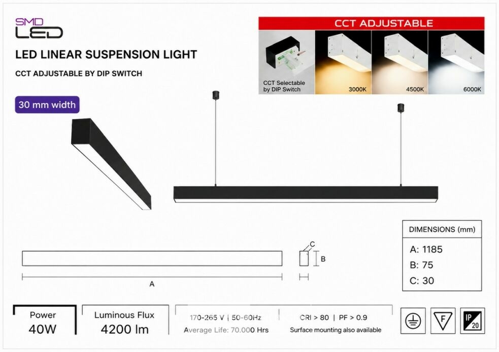 3 x LED Lineaire Hanglamp 40W – 3CCT Instelbaar - Zwart – INNOVA3-40 3CCT – foto 5 – kavel bij Belga Veilingen
