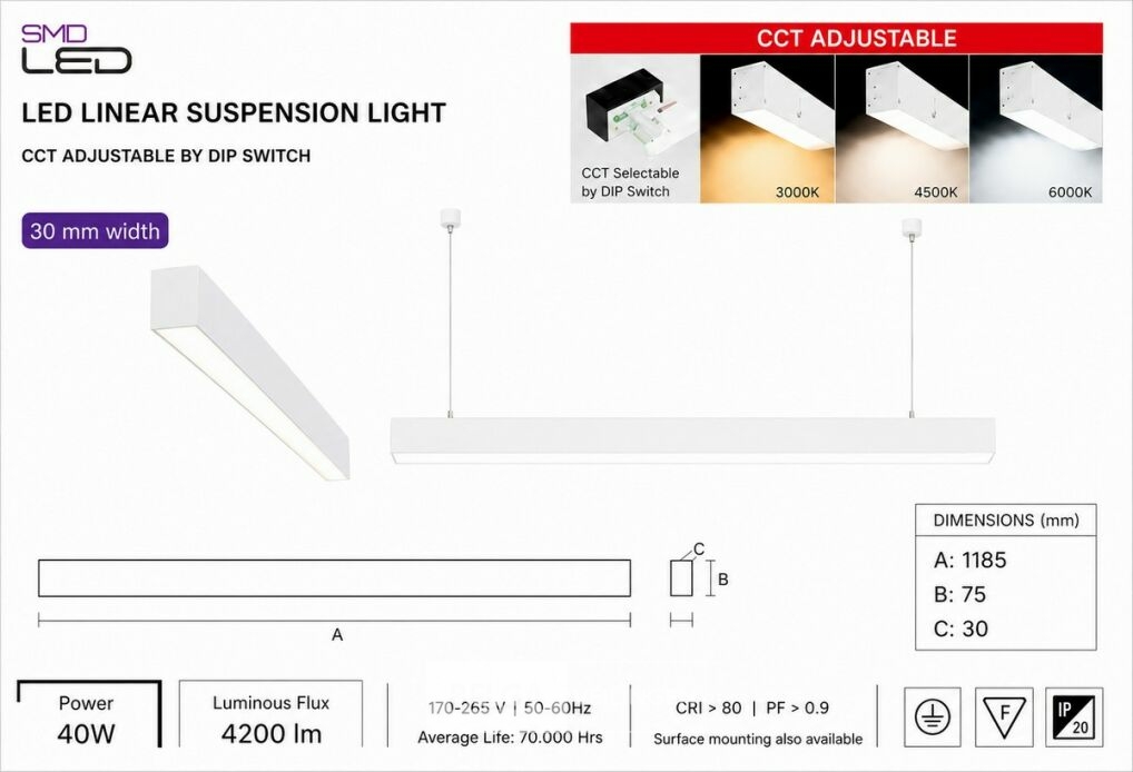3 x LED Lineaire Hanglamp 40W – 3CCT Instelbaar - Wit – INNOVA3-40 3CCT – foto 5 – kavel bij Belga Veilingen