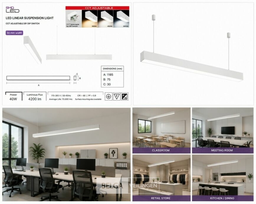 3 x LED Lineaire Hanglamp 40W – 3CCT Instelbaar - Wit – INNOVA3-40 3CCT – foto 6 – kavel bij Belga Veilingen