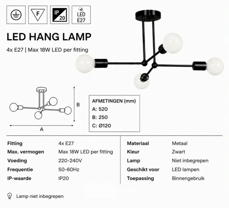 LED Hanglamp Max 18W – E27 – Zwart – 520x250mm – IP20 – LORENZO-4 – foto 6 – kavel bij Belga Veilingen