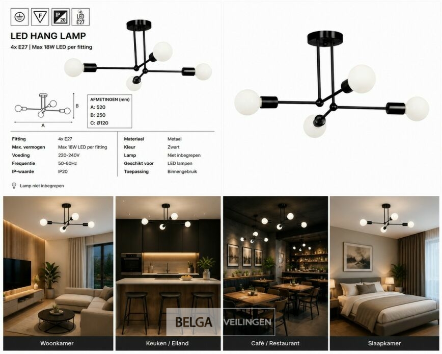 LED Hanglamp Max 18W – E27 – Zwart – 520x250mm – IP20 – LORENZO-4 – foto 7 – kavel bij Belga Veilingen