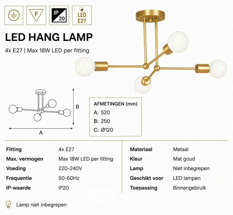 LED Hanglamp Max 18W – E27 – Goud – 520x250mm – IP20 – LORENZO-4 – foto 5 – kavel bij Belga Veilingen