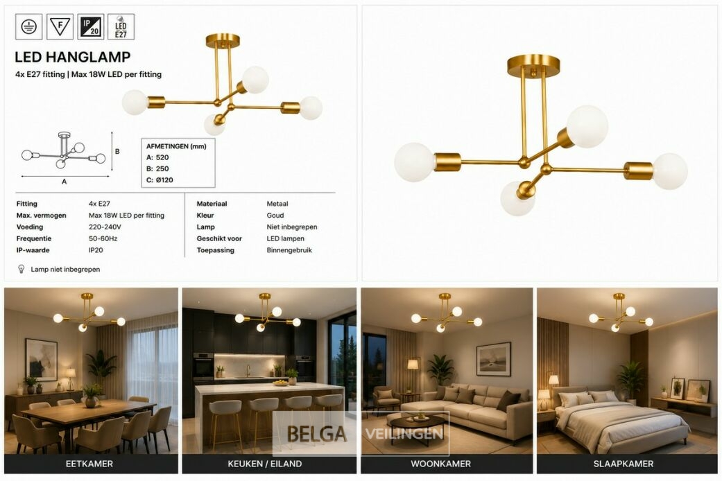 LED Hanglamp Max 18W – E27 – Goud – 520x250mm – IP20 – LORENZO-4 – foto 6 – kavel bij Belga Veilingen