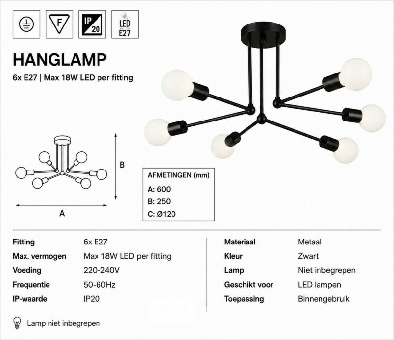 LED Hanglamp Max 18W – 6x E27 – Zwart – 600x250mm – IP20 – LORENZO-6 – foto 5 – kavel bij Belga Veilingen