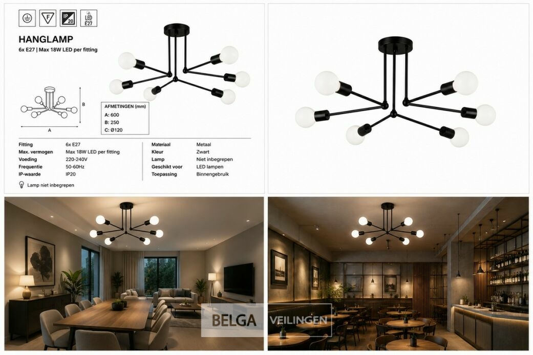 LED Hanglamp Max 18W – 6x E27 – Zwart – 600x250mm – IP20 – LORENZO-6 – foto 6 – kavel bij Belga Veilingen