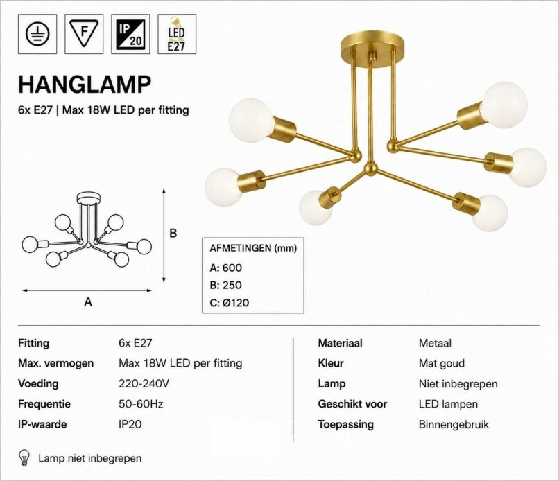 LED Hanglamp Max 18W – 6x E27 – Goud – 600x250mm – IP20 – LORENZO-6 – foto 5 – kavel bij Belga Veilingen