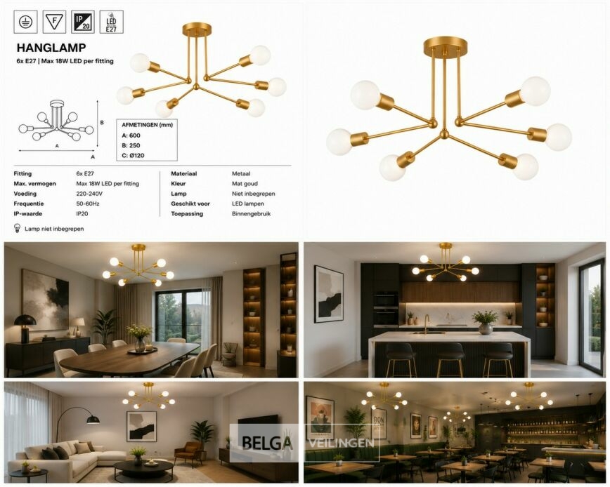 LED Hanglamp Max 18W – 6x E27 – Goud – 600x250mm – IP20 – LORENZO-6 – foto 6 – kavel bij Belga Veilingen