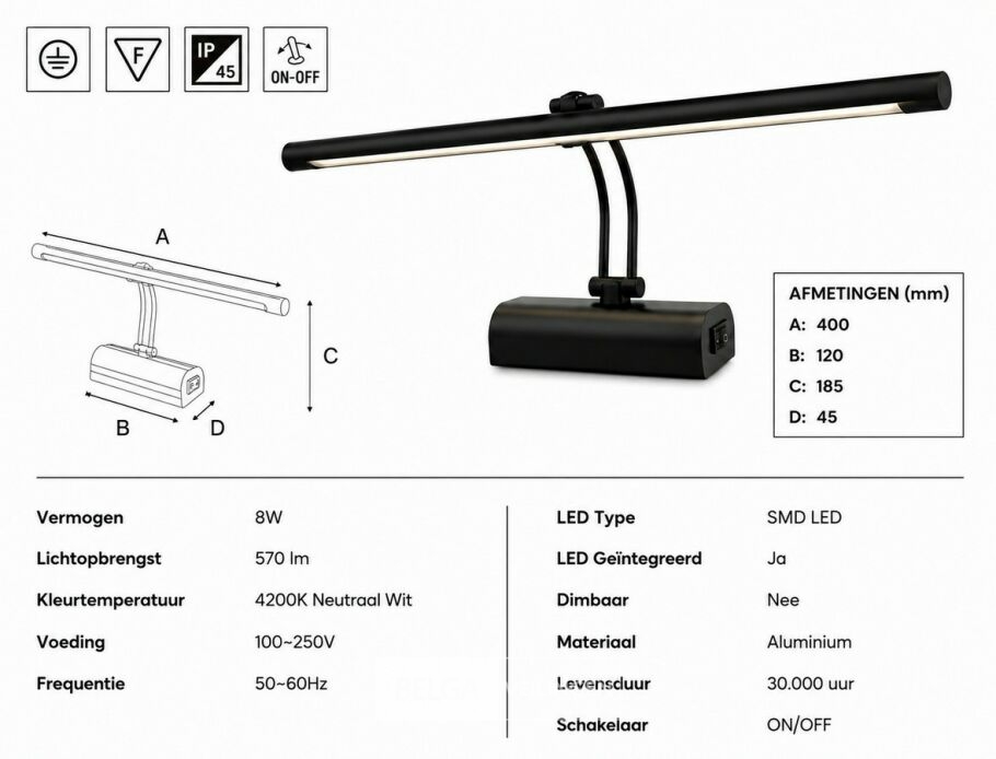 2 x LED Spiegel / Schilderijlamp 8W – 4200K Neutraal Wit - Zwart – IP45 – ANKA-8 – foto 5 – kavel bij Belga Veilingen