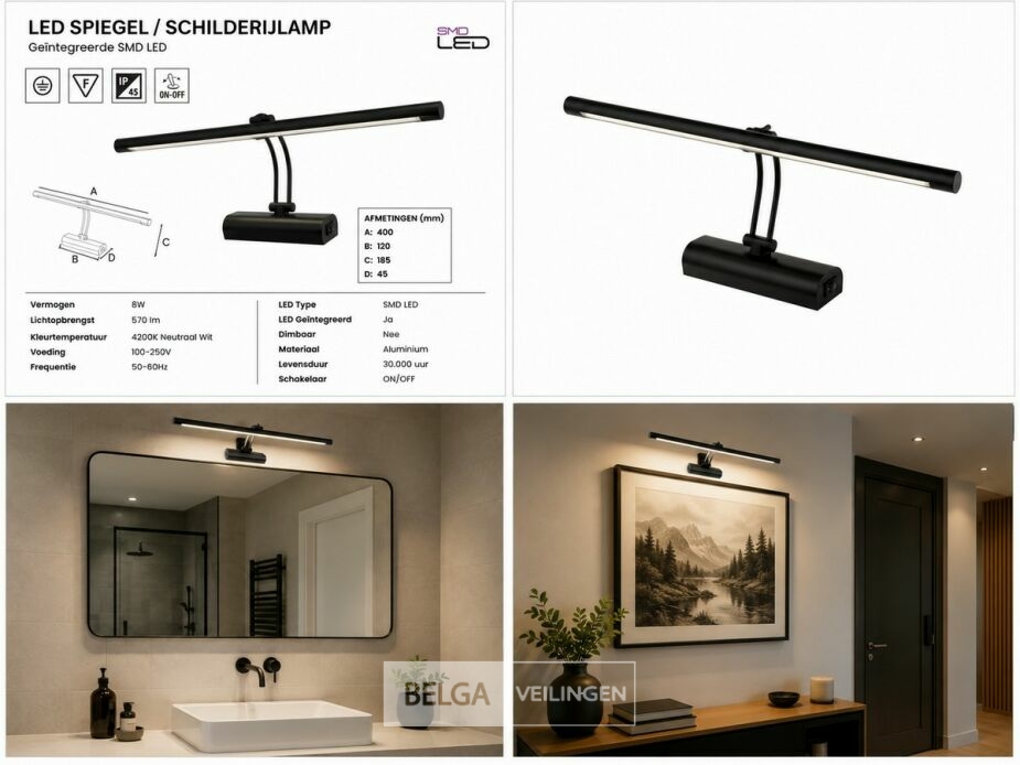 2 x LED Spiegel / Schilderijlamp 8W – 4200K Neutraal Wit - Zwart – IP45 – ANKA-8 – foto 6 – kavel bij Belga Veilingen