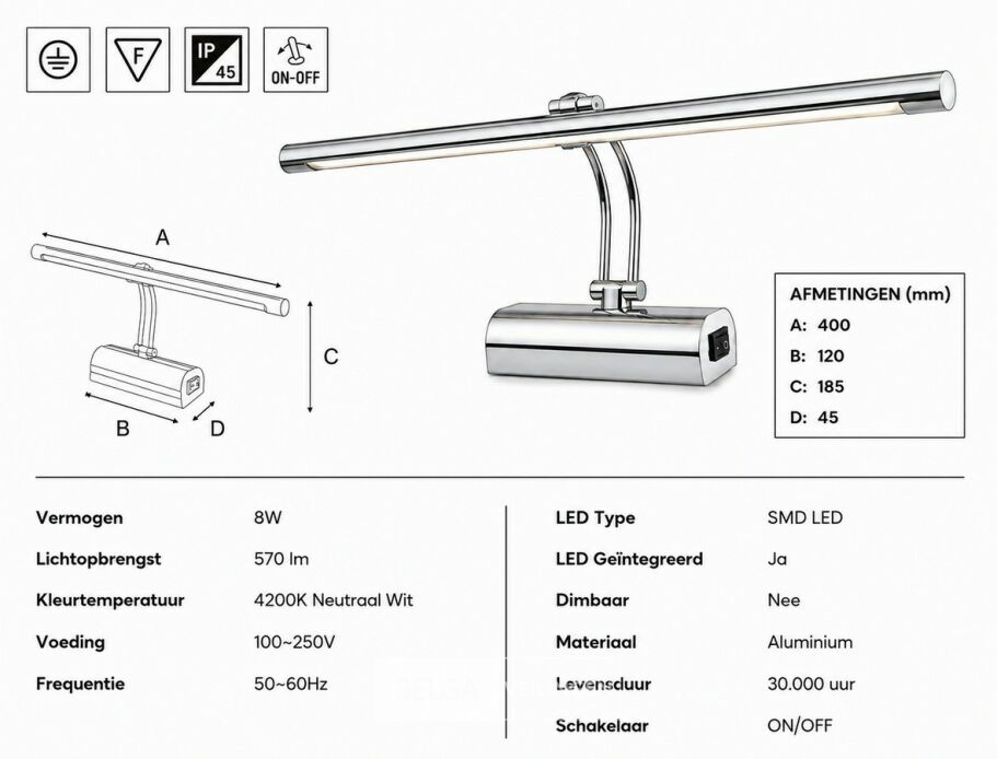 2 x LED Spiegel / Schilderijlamp 8W – 4200K Neutraal Wit - Chroom – IP45 – ANKA-8 – foto 6 – kavel bij Belga Veilingen