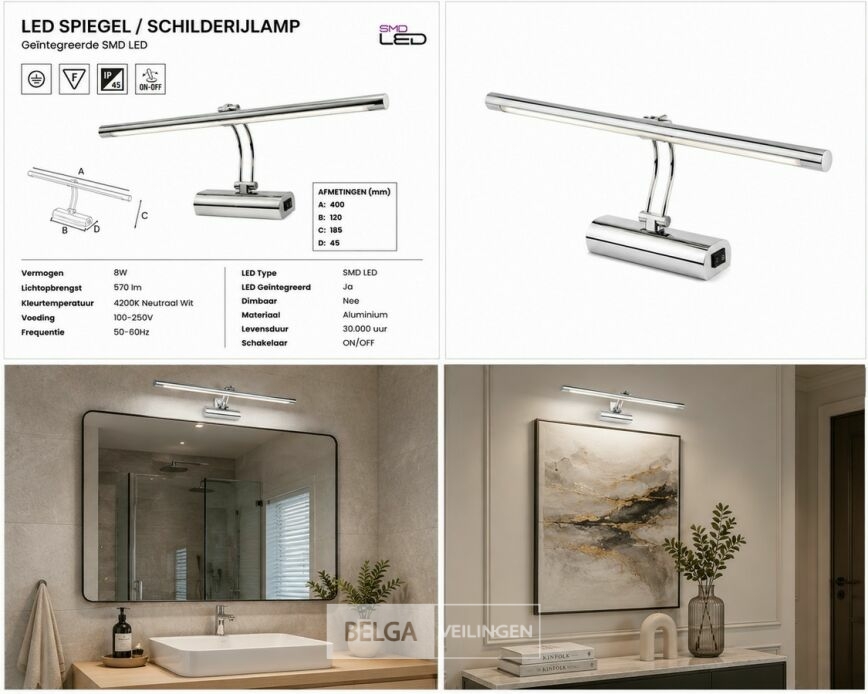2 x LED Spiegel / Schilderijlamp 8W – 4200K Neutraal Wit - Chroom – IP45 – ANKA-8 – foto 7 – kavel bij Belga Veilingen