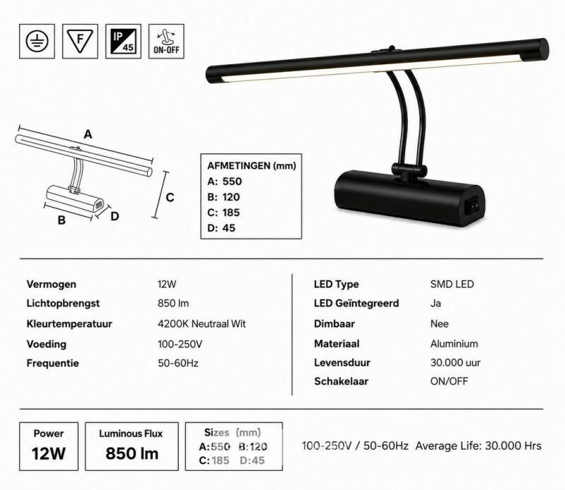 2 x LED Spiegel / Schilderijlamp 12W – 4200K Neutraal Wit - Zwart – IP45 – ANKA-12 – foto 5 – kavel bij Belga Veilingen