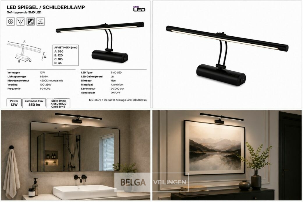 2 x LED Spiegel / Schilderijlamp 12W – 4200K Neutraal Wit - Zwart – IP45 – ANKA-12 – foto 6 – kavel bij Belga Veilingen