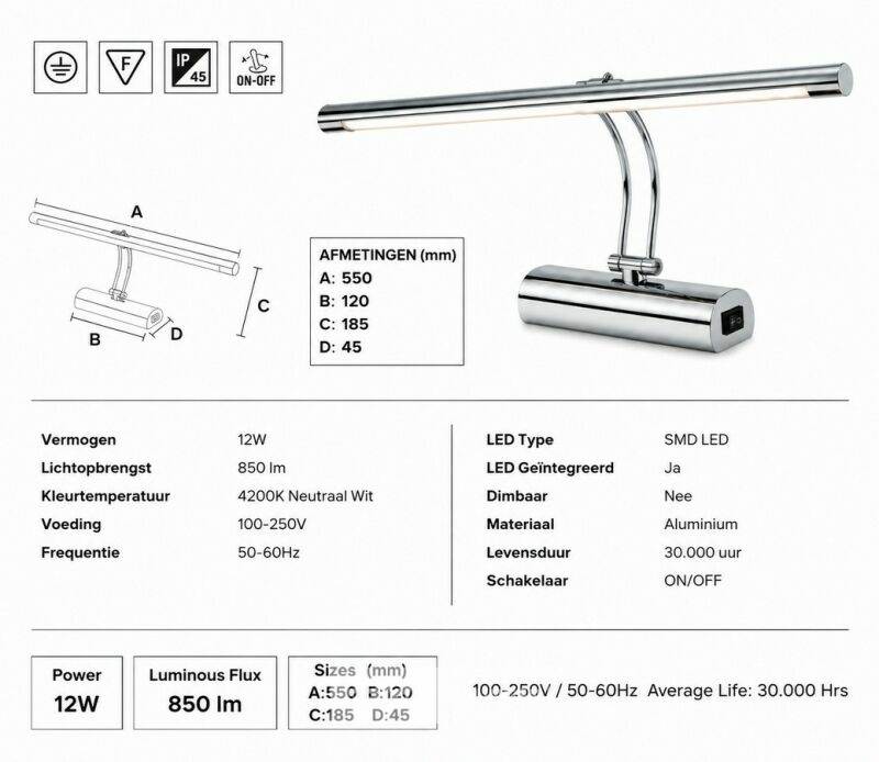 2 x LED Spiegel / Schilderijlamp 12W – 4200K Neutraal Wit - Chroom – IP45 – ANKA-12 – foto 5 – kavel bij Belga Veilingen
