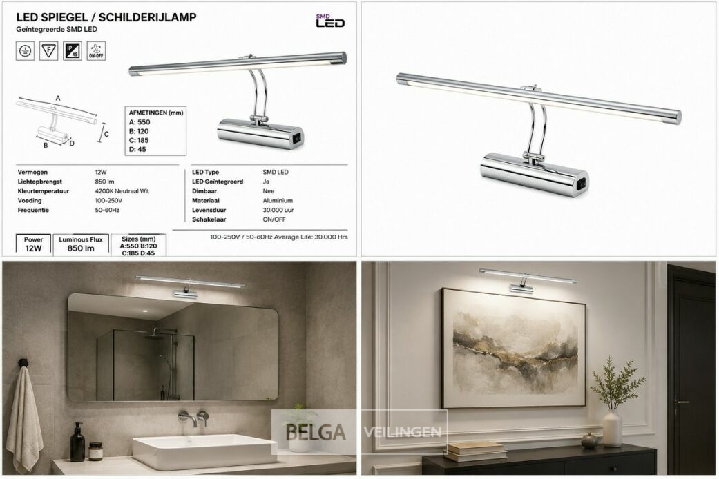 2 x LED Spiegel / Schilderijlamp 12W – 4200K Neutraal Wit - Chroom – IP45 – ANKA-12 – foto 6 – kavel bij Belga Veilingen