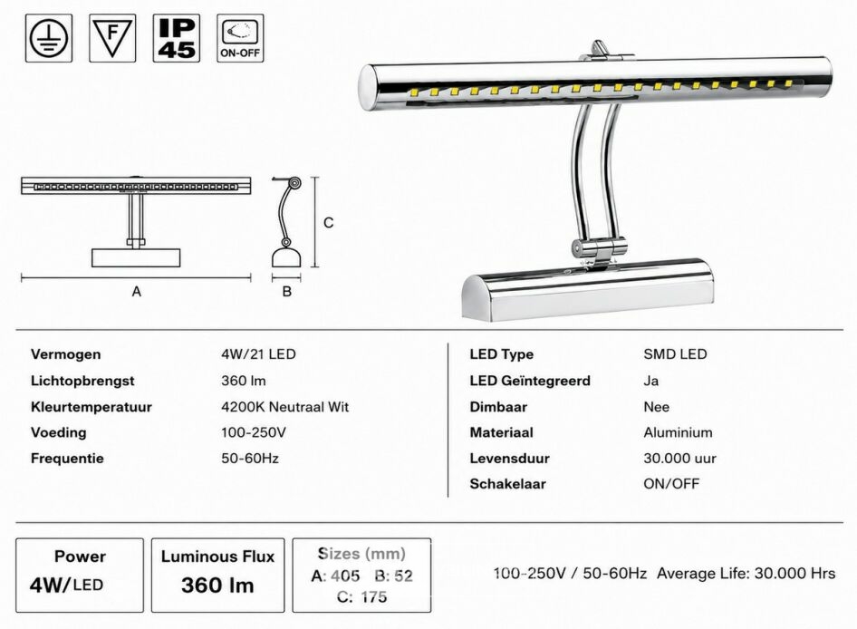2 x LED Spiegel / Schilderijlamp 4W – 4200K Neutraal Wit - Chroom – IP45 – FLAMINGO-4 – foto 5 – kavel bij Belga Veilingen