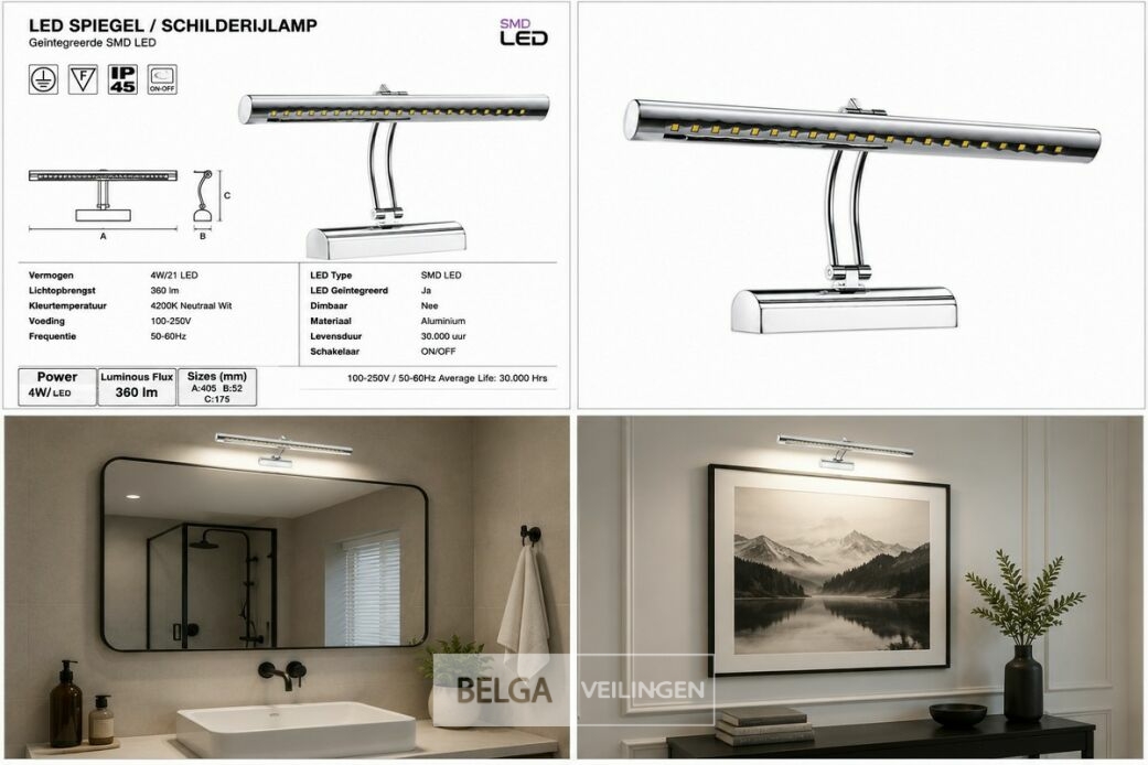 2 x LED Spiegel / Schilderijlamp 4W – 4200K Neutraal Wit - Chroom – IP45 – FLAMINGO-4 – foto 6 – kavel bij Belga Veilingen