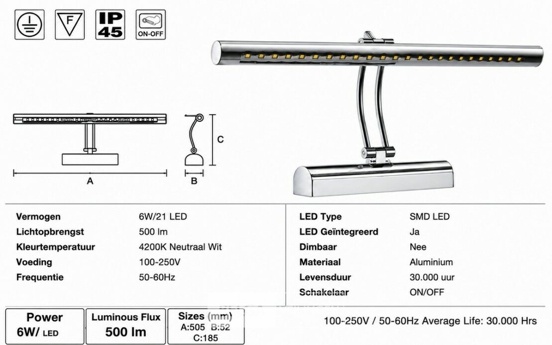 2 x LED Spiegel / Schilderijlamp 6W – 4200K Neutraal Wit - Chroom – IP45 – FLAMINGO-6 – foto 5 – kavel bij Belga Veilingen