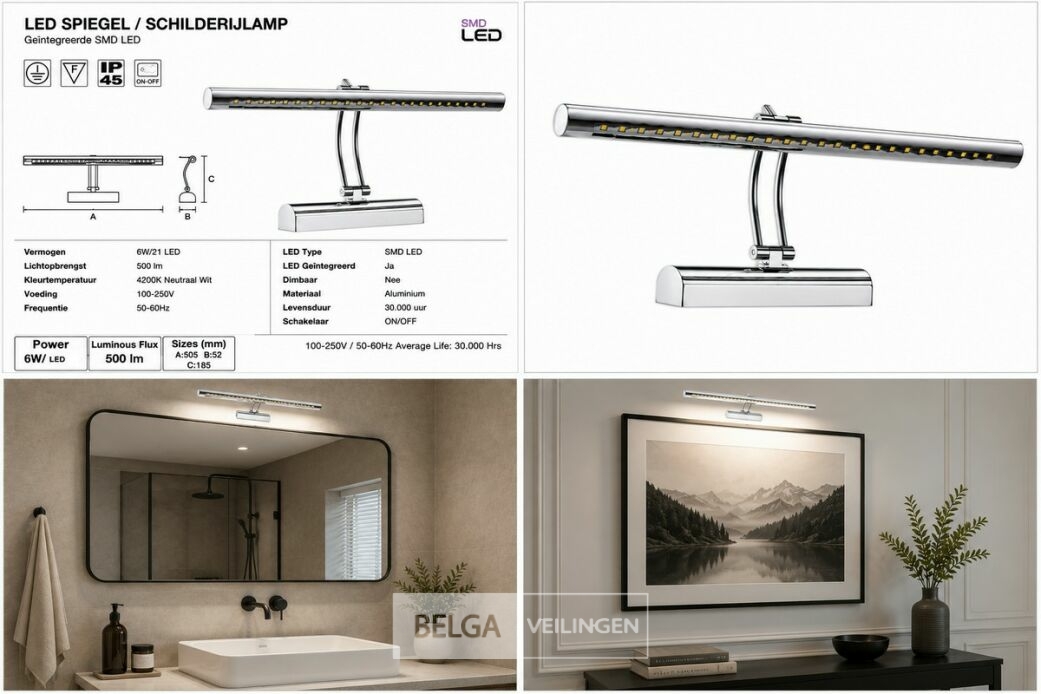 2 x LED Spiegel / Schilderijlamp 6W – 4200K Neutraal Wit - Chroom – IP45 – FLAMINGO-6 – foto 6 – kavel bij Belga Veilingen