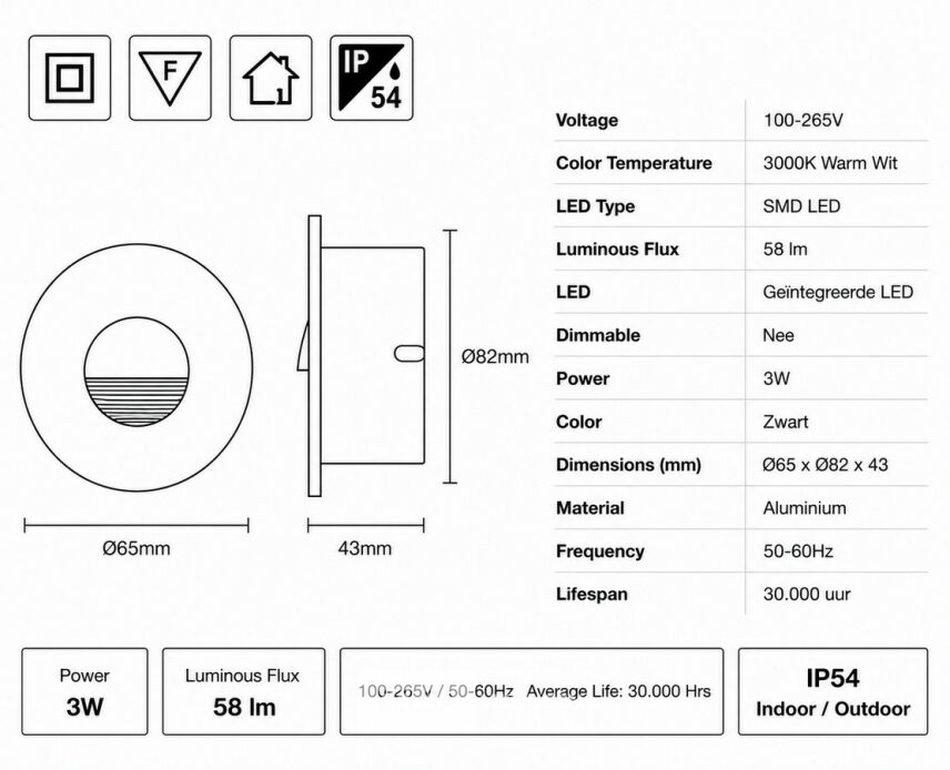 6 x LED Trapverlichting 3W – 3000K Warm Wit - Rond – Zwart – IP54 – ICON-R – foto 5 – kavel bij Belga Veilingen