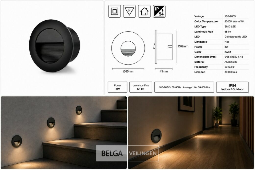 6 x LED Trapverlichting 3W – 3000K Warm Wit - Rond – Zwart – IP54 – ICON-R – foto 6 – kavel bij Belga Veilingen