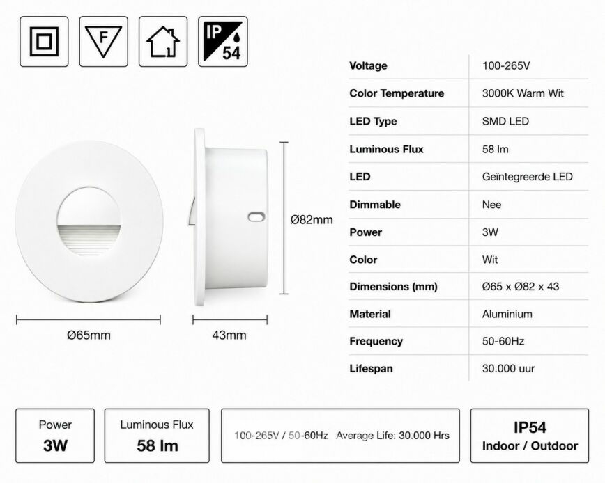 6 x LED Trapverlichting 3W – 3000K Warm Wit - Rond – Wit – IP54 – ICON-R – foto 5 – kavel bij Belga Veilingen