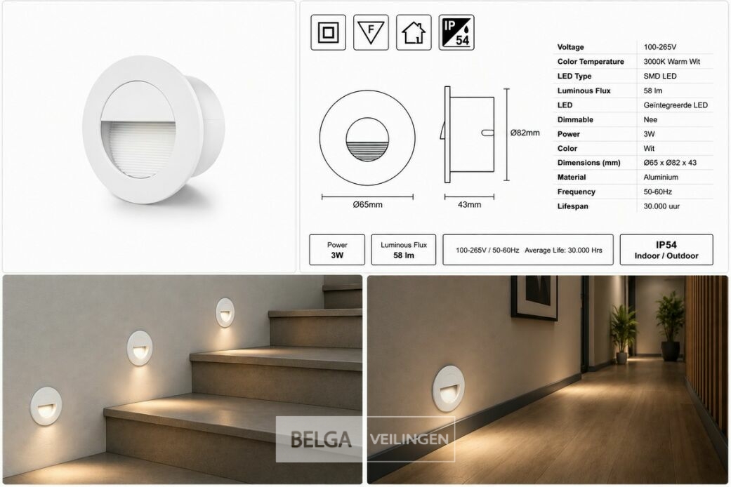 6 x LED Trapverlichting 3W – 3000K Warm Wit - Rond – Wit – IP54 – ICON-R – foto 6 – kavel bij Belga Veilingen