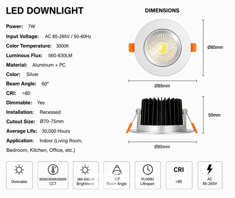 25 x LED Downlight – 7W – Draaibaar – Dimbaar – 3000K warm – Zilver – foto 4 – kavel bij Belga Veilingen
