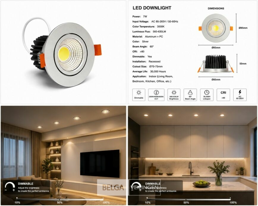 25 x LED Downlight – 7W – Draaibaar – Dimbaar – 3000K warm – Zilver – foto 5 – kavel bij Belga Veilingen