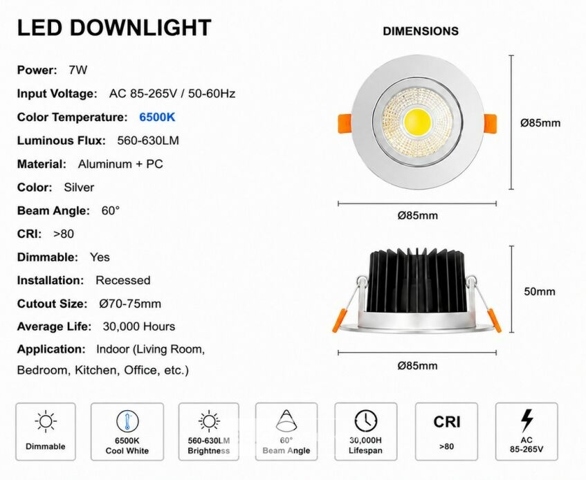 25 x LED Downlight – 7W – Draaibaar – Dimbaar – 6500K Koud Wit – Zilver – foto 4 – kavel bij Belga Veilingen