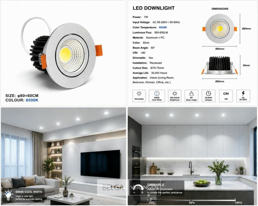 25 x LED Downlight – 7W – Draaibaar – Dimbaar – 6500K Koud Wit – Zilver – foto 5 – kavel bij Belga Veilingen