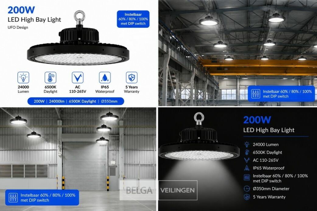 5 x LED Highbay UFO PRO 200W – Instelbaar 60% / 80% / 100% – 6500K – WEB-200 – foto 7 – kavel bij Belga Veilingen