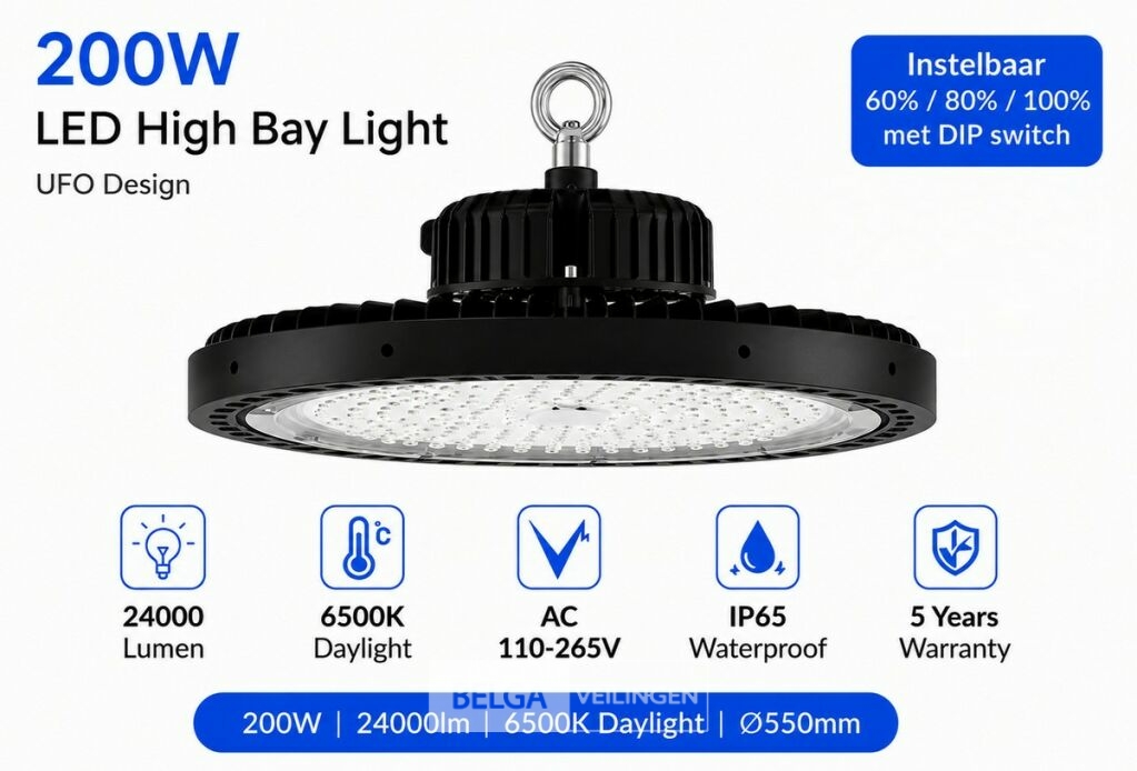 10 x LED Highbay UFO PRO 200W – Instelbaar 60% / 80% / 100% – 6500K – WEB-200 – foto 4 – kavel bij Belga Veilingen