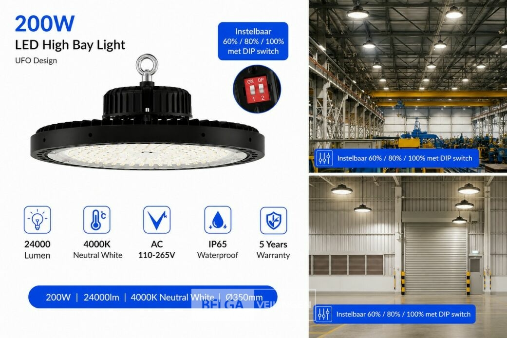 5 x LED Highbay UFO PRO 200W – Instelbaar 60% / 80% / 100% – 4000K – WEB-200 – foto 4 – kavel bij Belga Veilingen